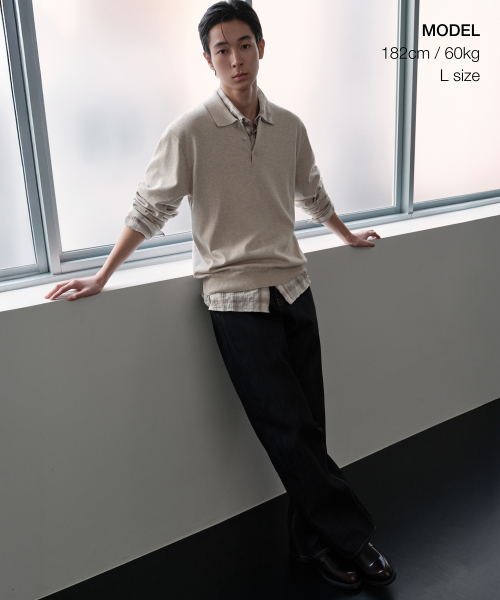 Washable Supima Cotton Long Sleeve Knitted Polo Shirt [Oatmeal] thumbnail 2
