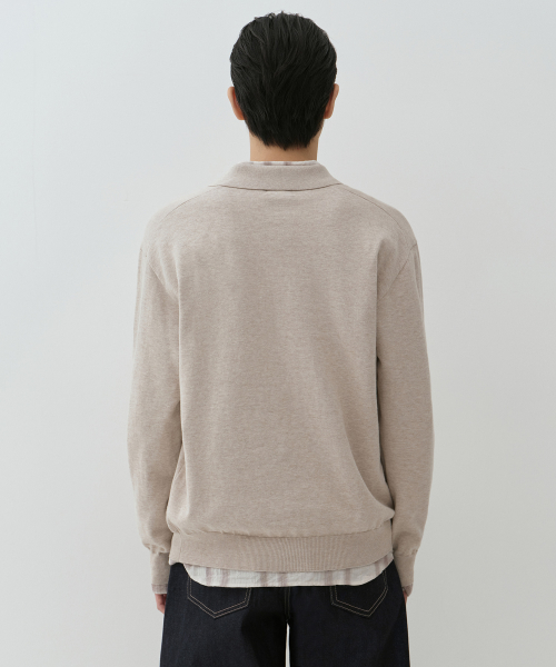 Washable Supima Cotton Long Sleeve Knitted Polo Shirt [Oatmeal] thumbnail 4