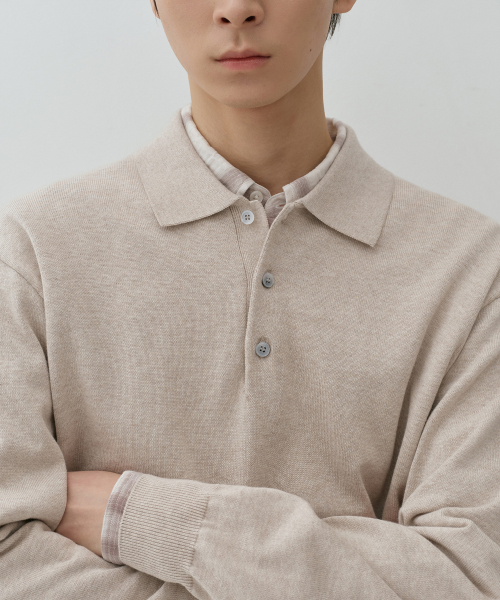 Washable Supima Cotton Long Sleeve Knitted Polo Shirt [Oatmeal] thumbnail 5