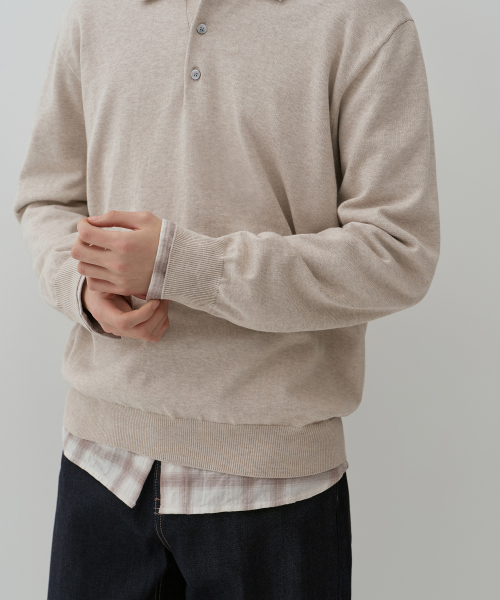 Washable Supima Cotton Long Sleeve Knitted Polo Shirt [Oatmeal] thumbnail 7
