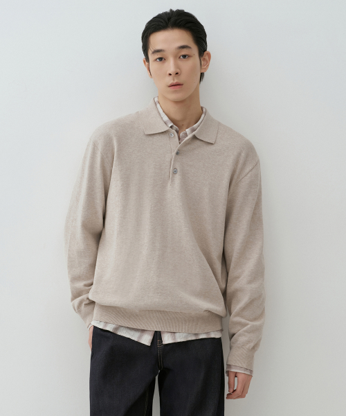 Washable Supima Cotton Long Sleeve Knitted Polo Shirt [Oatmeal] thumbnail 3