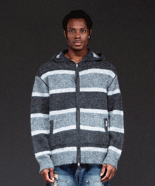 STRIPE KNIT HOODIE ZIP-UP CHARCOAL