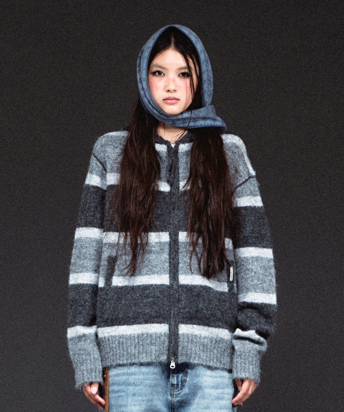 STRIPE KNIT HOODIE ZIP-UP CHARCOAL