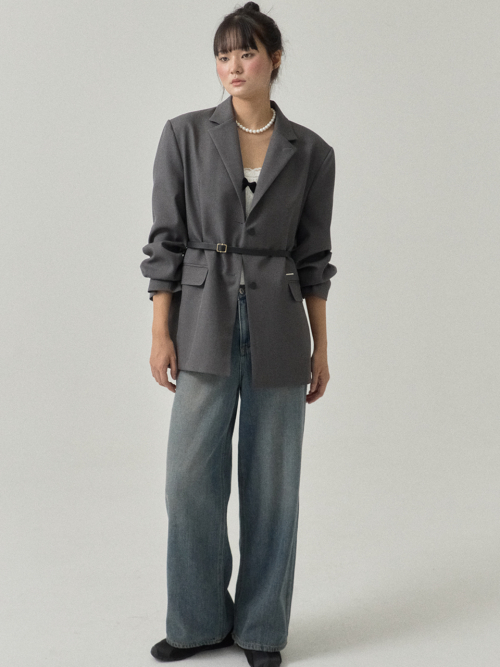Black Slit Tailored Oversized Jacket_Gray