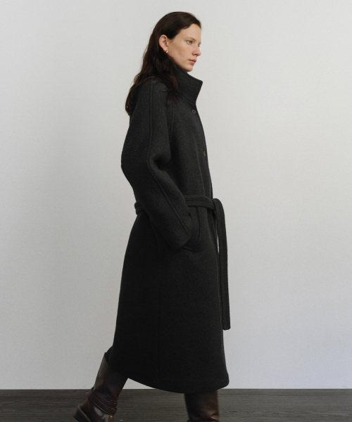 Wool high neck belted coat_Dark navy