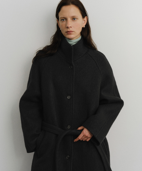 Wool high neck belted coat_Dark navy