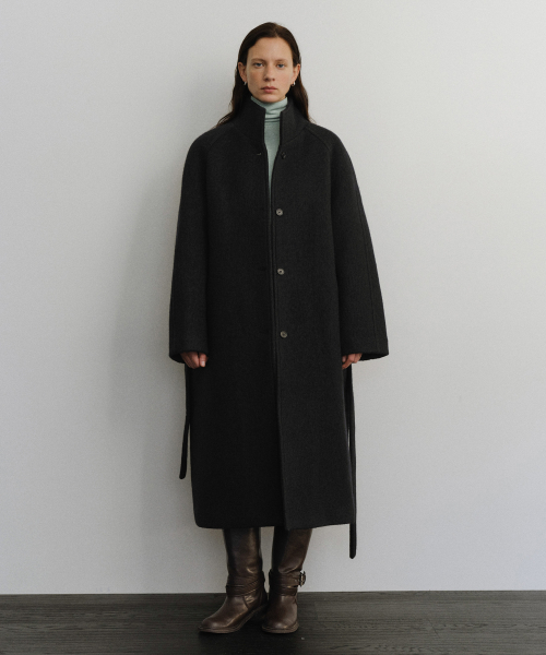 Wool high neck belted coat_Dark navy