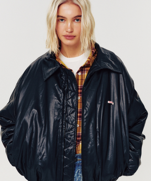 GLOSSY FAUX LEATHER BOMBER JACKET BLACK
