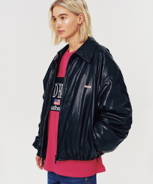 GLOSSY FAUX LEATHER BOMBER JACKET BLACK