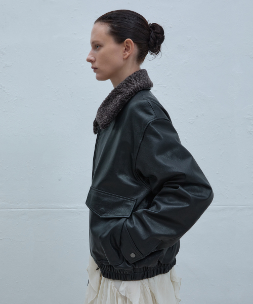 Goat Leather Shearling Collar Jumper (Black)