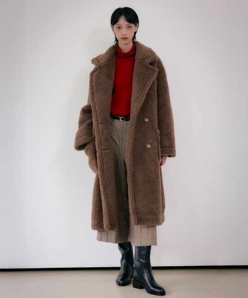 Оверсайз двубортное длинное пальто из медвежьего флиса [Dark Brown]
