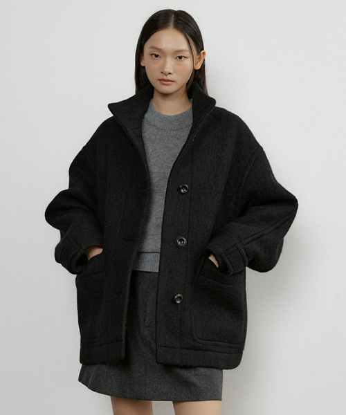 alpaca high-neck half coat-black