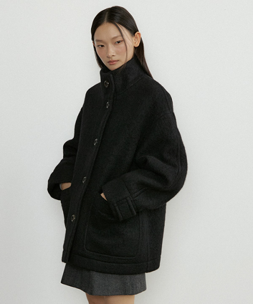 alpaca high-neck half coat-black