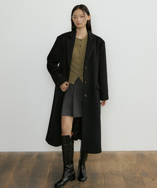 cashmere single long coat-black