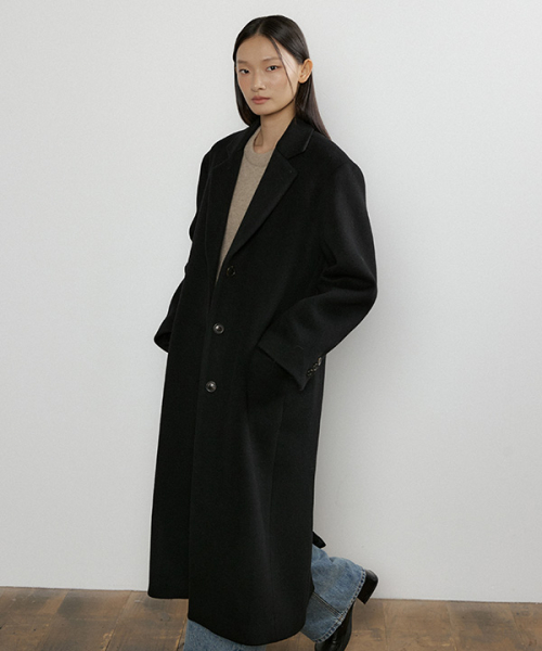 cashmere single long coat-black