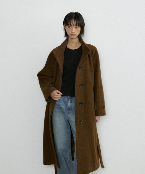 alpaca high-neck belted long coat-khaki brown