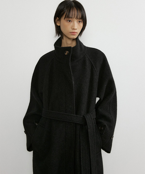 alpaca high-neck belted long coat-black