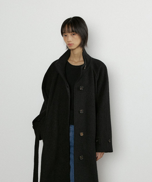 alpaca high-neck belted long coat-black