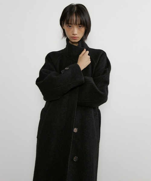 alpaca high-neck belted long coat-black