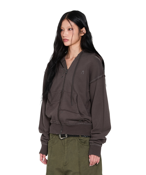 Eyelet Damaged Zip-Up Hoodie (Brown)