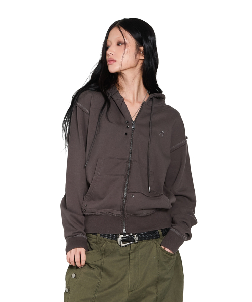 Eyelet Damaged Zip-Up Hoodie (Brown)