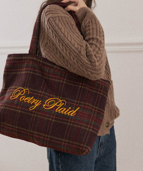 Poetry Embroidery Wool Check Bag - Brown