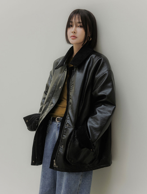 Monet Crack Leather Corduroy Jacket(оливкабежевый)