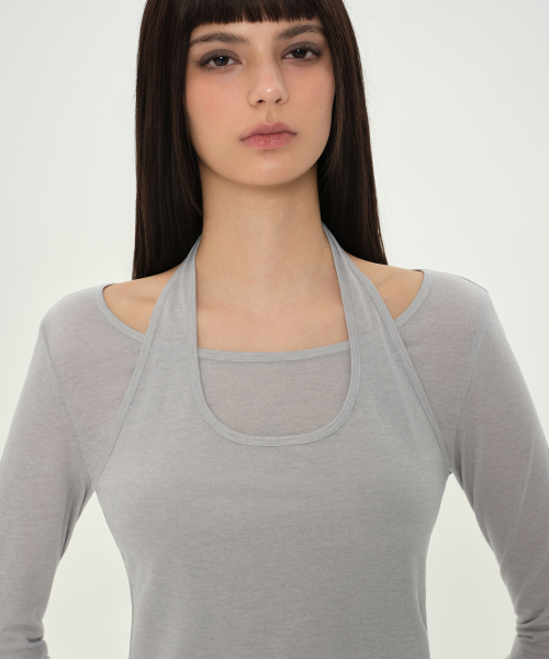 Женский лонгслив с халтером из шерсти и тенселя, Light Grey