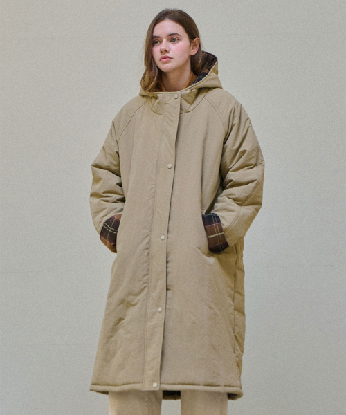 Check hooded long padding_2 Colors