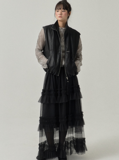 High Neck Faux Leather Vest with Lace Zip_Black