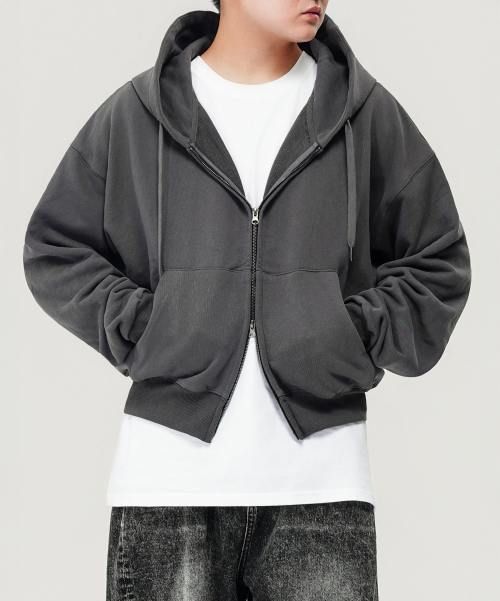 500g Heavy Cotton простой оверсайз 2-WAY полукроп худи-молния (Charcoal)