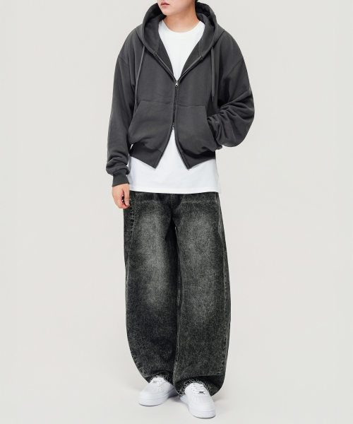 500g Heavy Cotton простой оверсайз 2-WAY полукроп худи-молния (Charcoal)