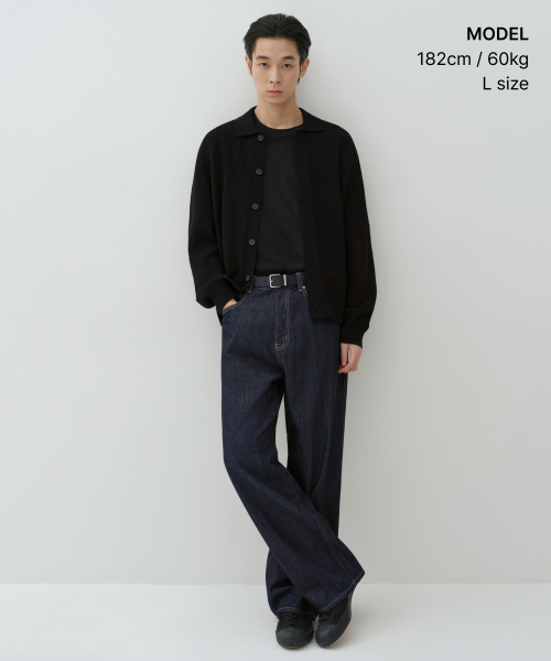 CROCHET KNIT COLLARED CARDIGAN [BLACK]
