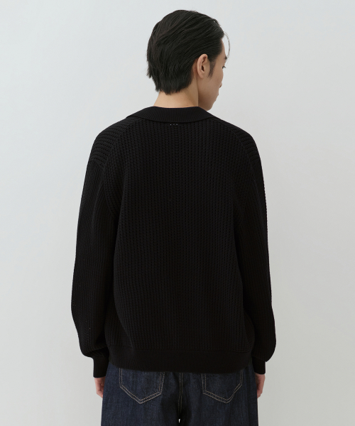 CROCHET KNIT COLLARED CARDIGAN [BLACK]