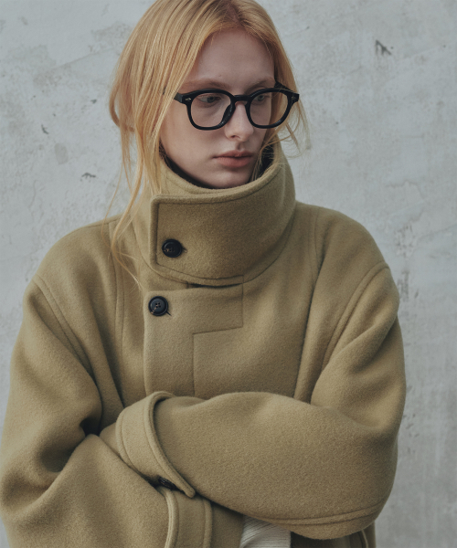 Длинное шерстяное пальто с высоким горлом_Beige