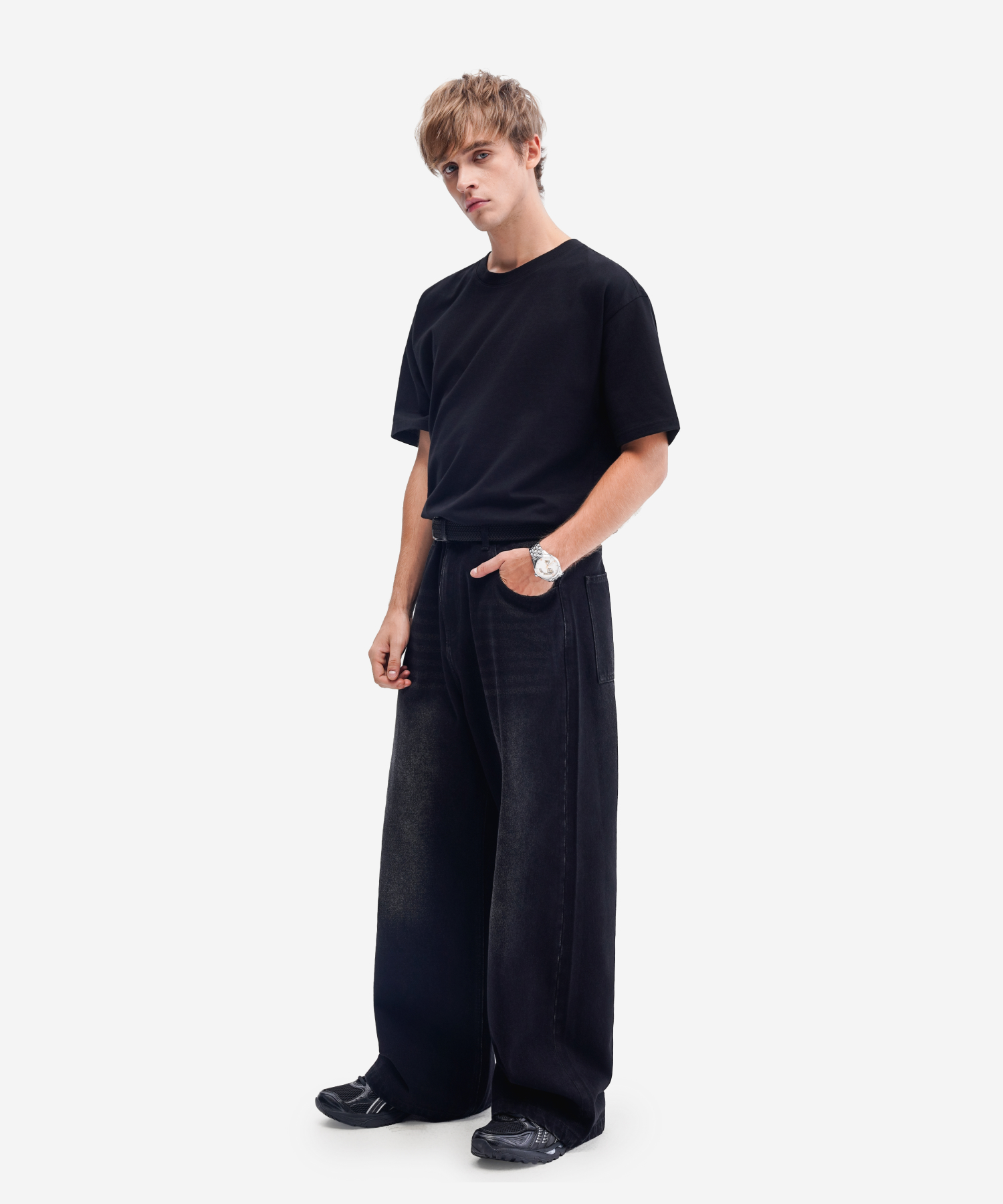 Simple Wide - Fit выстиранные Denim брюки (WASHED BLACK)