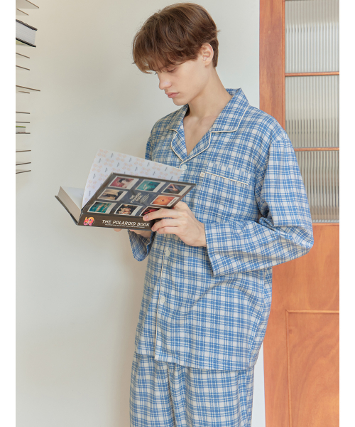 Ice синий Long-Sleeved Pure Cotton Mens Big Size Pajamas Set