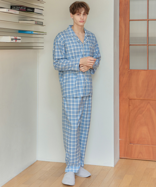 Ice синий Long-Sleeved Pure Cotton Mens Big Size Pajamas Set