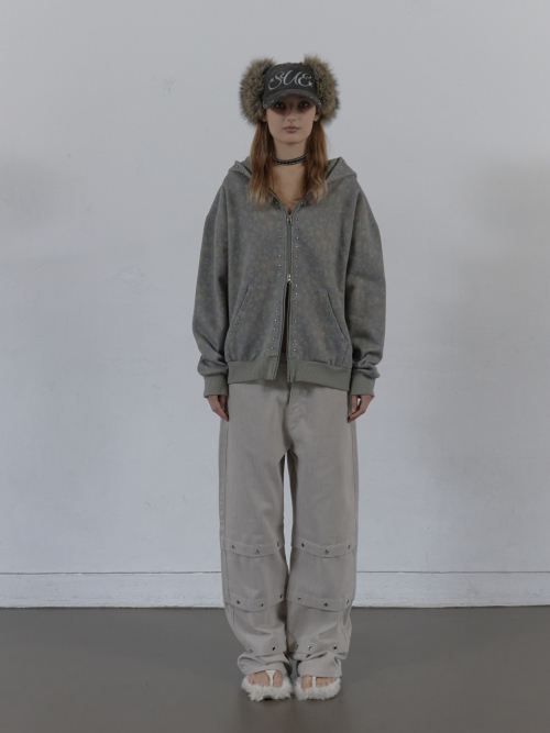 FLOWER STUDDED HOODIE ZIP-UP / хаки