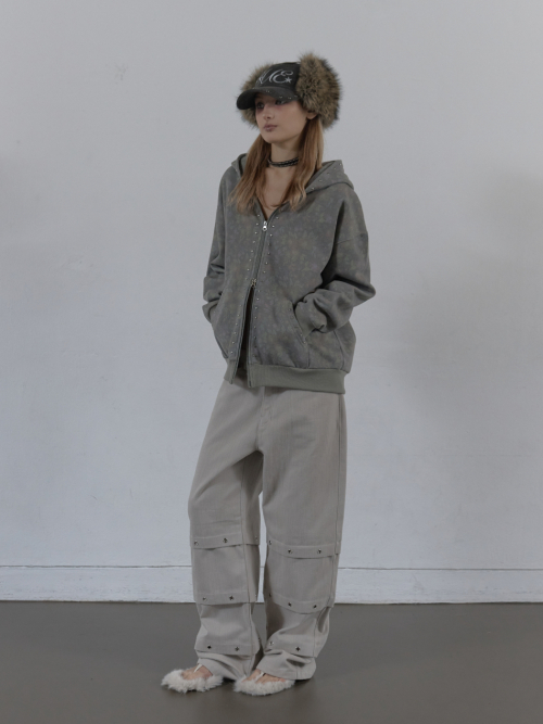 FLOWER STUDDED HOODIE ZIP-UP / хаки