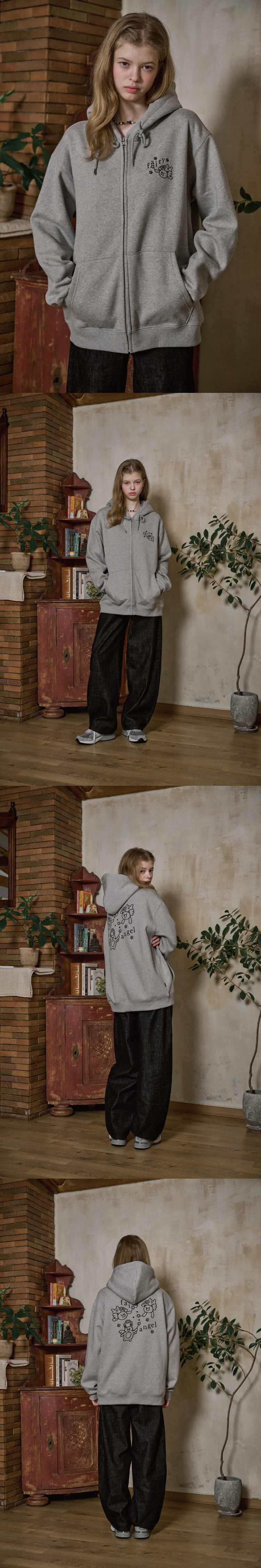 EMBROIDERY HOOD ZIP-UP - 3 COLORS GREY