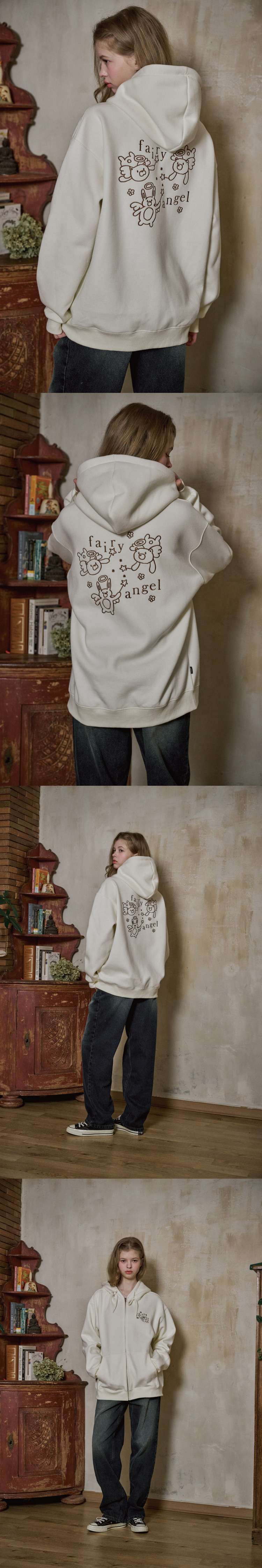 EMBROIDERY HOOD ZIP-UP - 3 COLORS CREAM