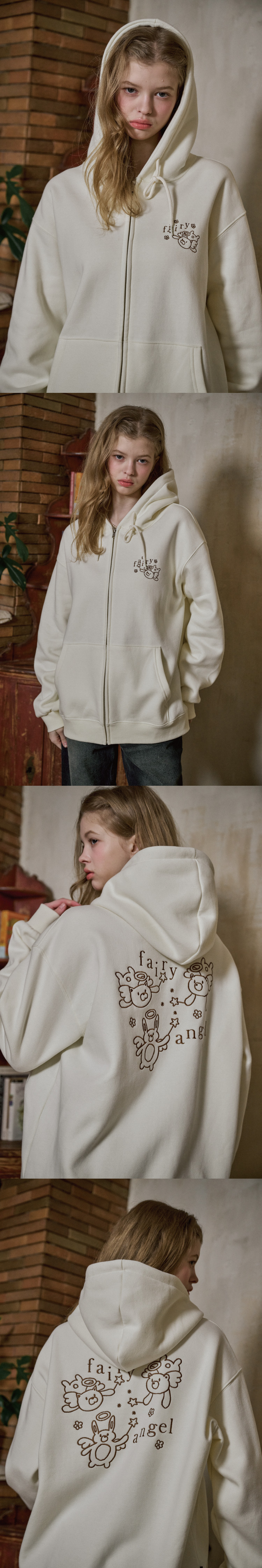 EMBROIDERY HOOD ZIP-UP - 3 COLORS CREAM