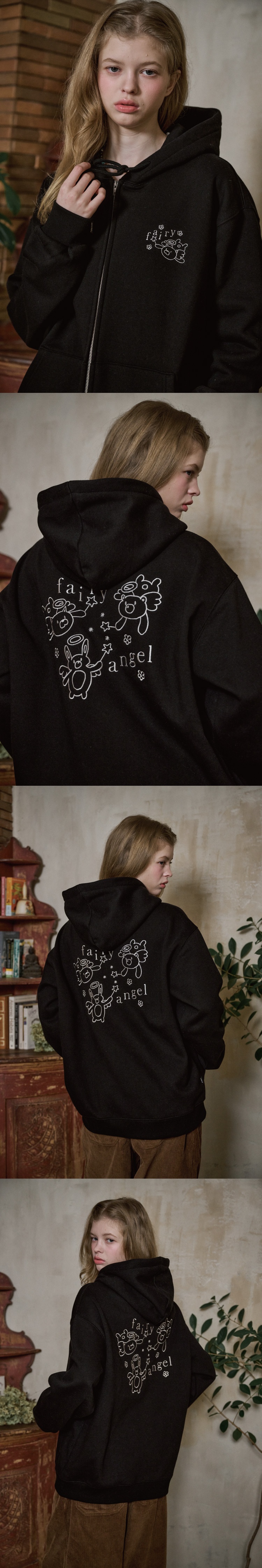 EMBROIDERY HOOD ZIP-UP - 3 COLORS BLACK