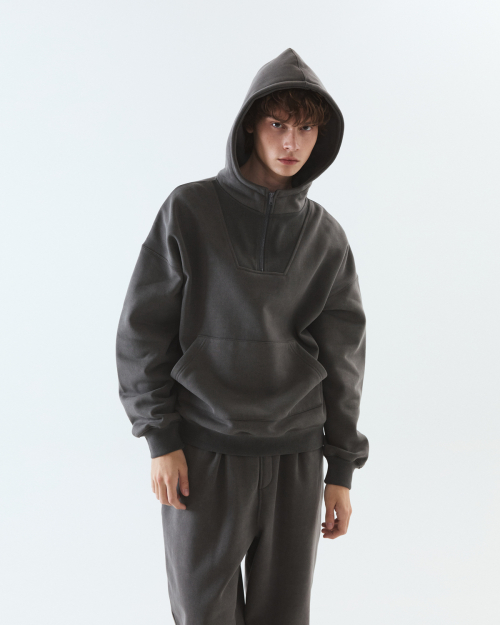 Pigment hooded half-zip t-shirt / DARK GRAY