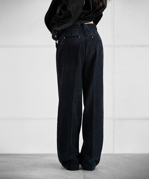 VELOUR WIDE-FIT BANDING PANTS, D.NAVY