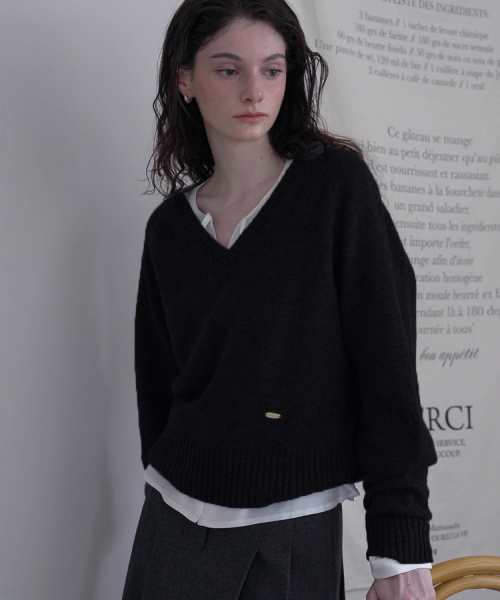 Wool V-neck Knit [Black]
