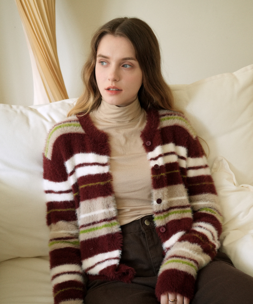 Color Scheme Striped Knit Cardigan (Burgundy)