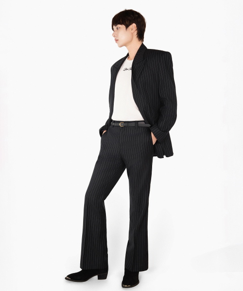 SERGE WOOL BOOTCUT TROUSERS - BLACK STIPRE