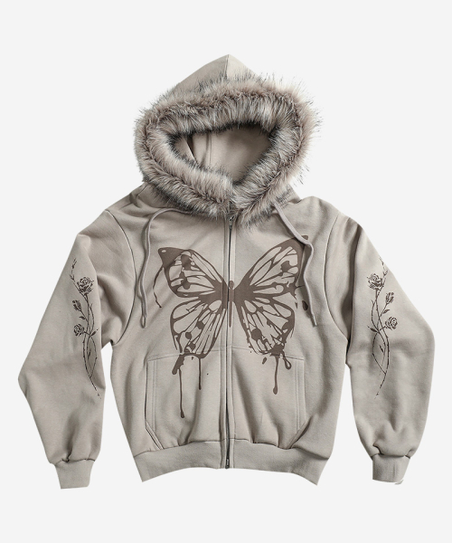 BUTTERFLY SPLATTER ZIP-UP #BEIGE (на флисе, съемный мех)